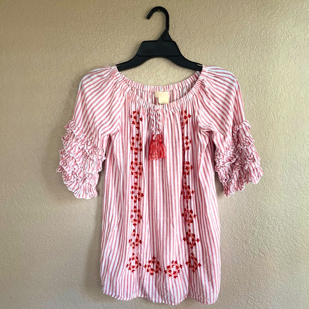 GB girl swimsuit coverup or sundress. Pink and white striped with flower tassels